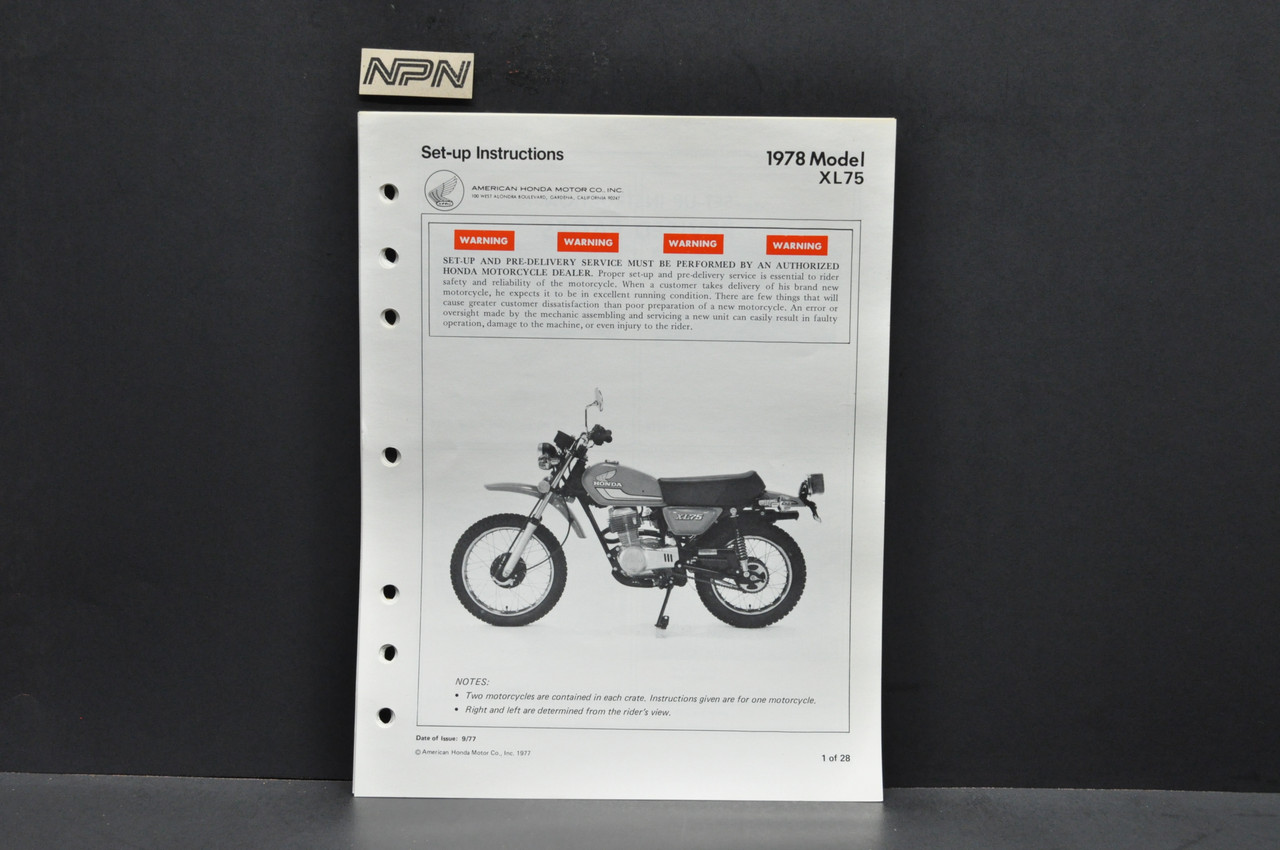 Vintage 1978 Honda XL75 Motorcycle Dealer Set Up Instruction