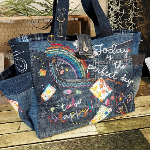 刺繍デニムバック No.524 デニムリメイク ショルダーバッグ サイド