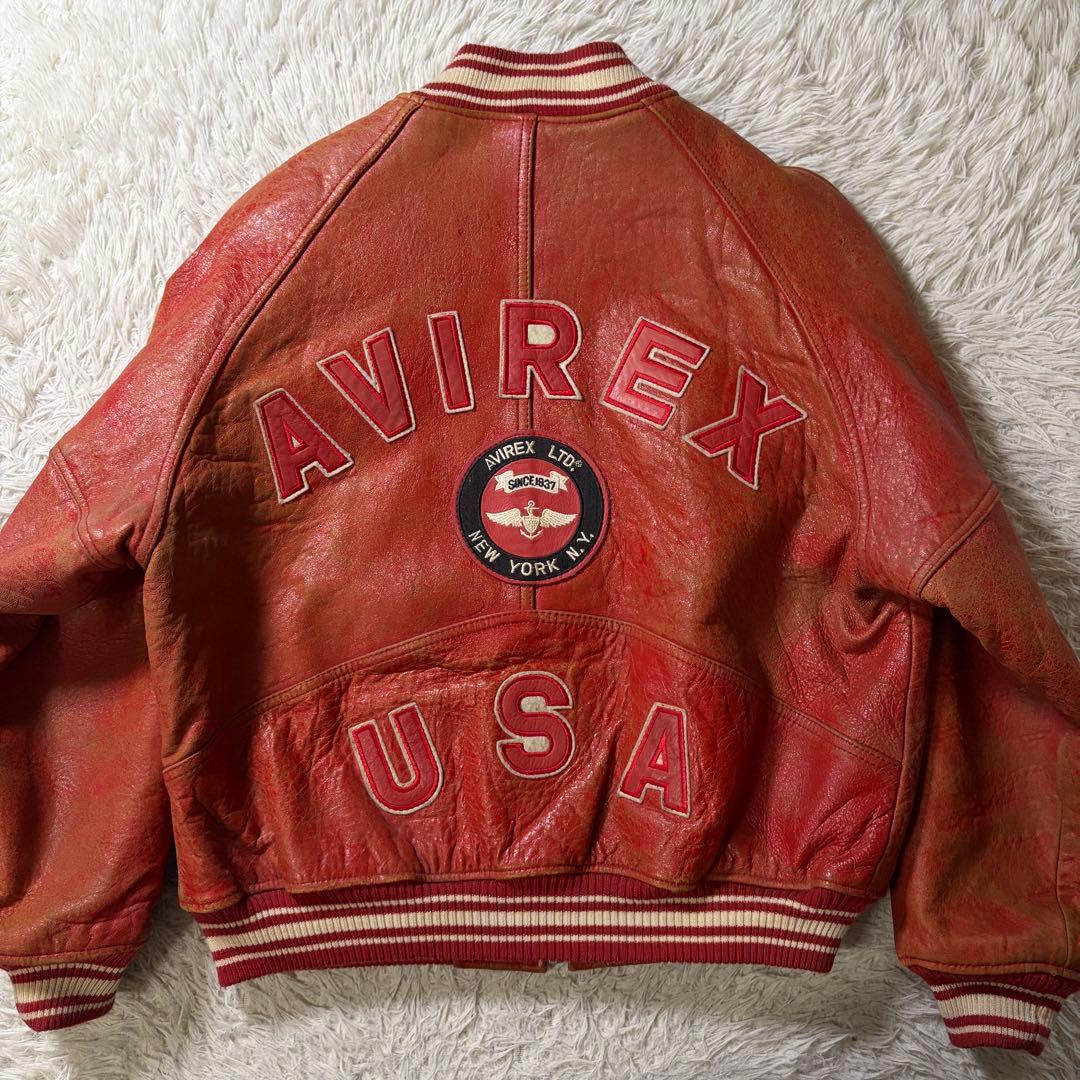 マ*ル様 【雰囲気抜群】AVIREX スタジャン　コマーシャルロゴ　羊革　オール AVIREX（アヴィレックス） スタジャン COW LOGO VARSITY JACKET / カウ